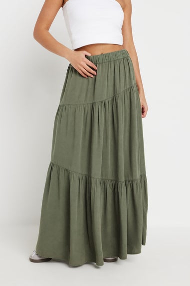 PixieGirl Petite Khaki Green Asymmetric Tiered Maxi Skirt