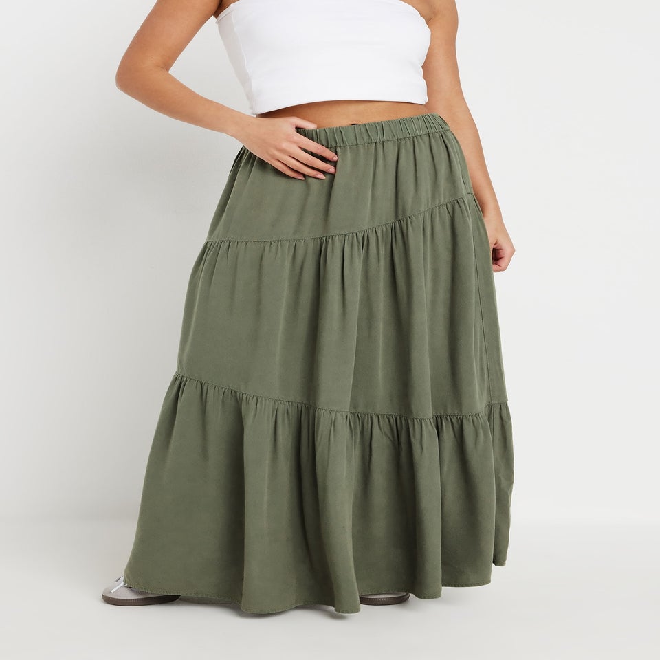 PixieGirl Petite Khaki Green Asymmetric Tiered Maxi Skirt