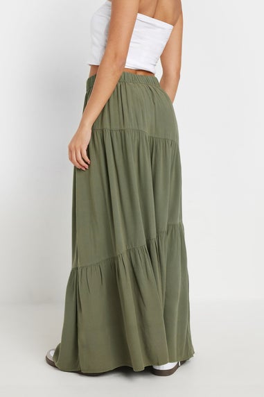 PixieGirl Petite Khaki Green Asymmetric Tiered Maxi Skirt
