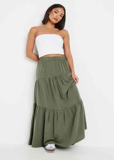 PixieGirl Petite Khaki Green Asymmetric Tiered Maxi Skirt