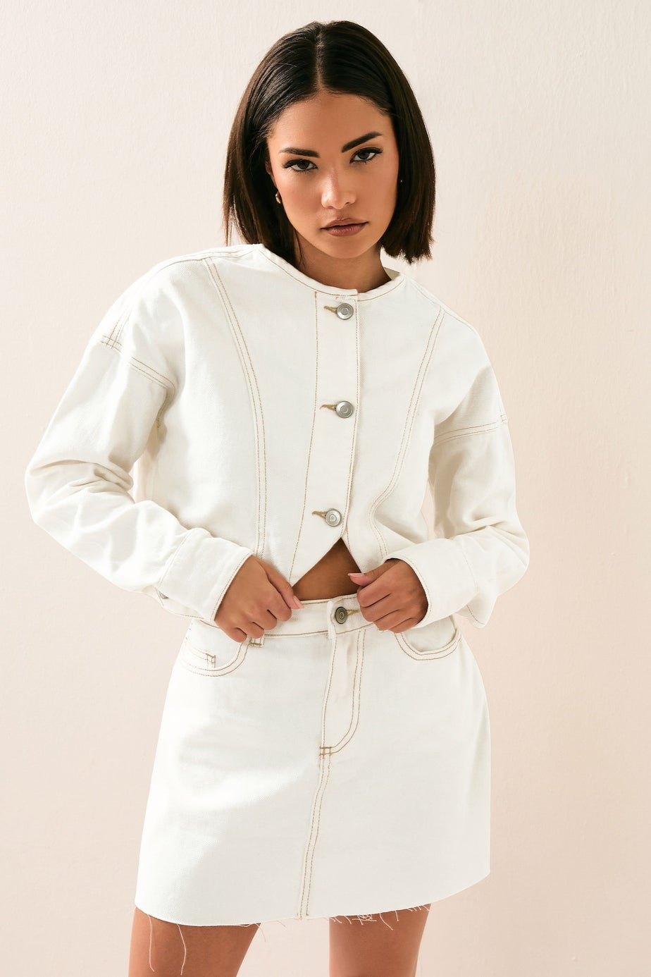 PixieGirl Petite Cream Denim Contrast Stitch Mini Skirt