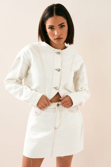 PixieGirl Petite Cream Denim Contrast Stitch Mini Skirt