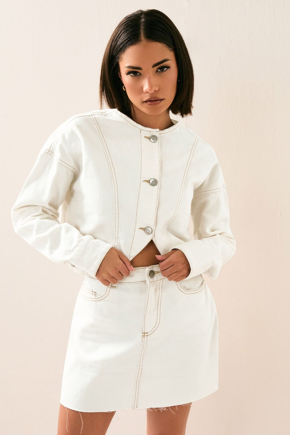 PixieGirl Petite Cream Denim Contrast Stitch Mini Skirt