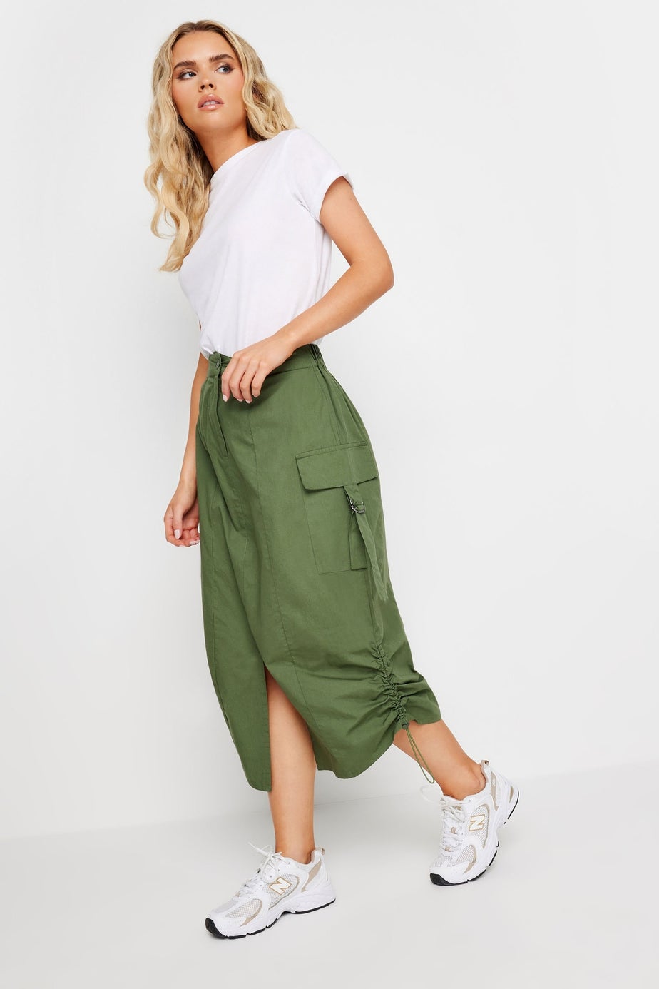 PixieGirl Petite Khaki Green Cargo Ruched Midi Skirt