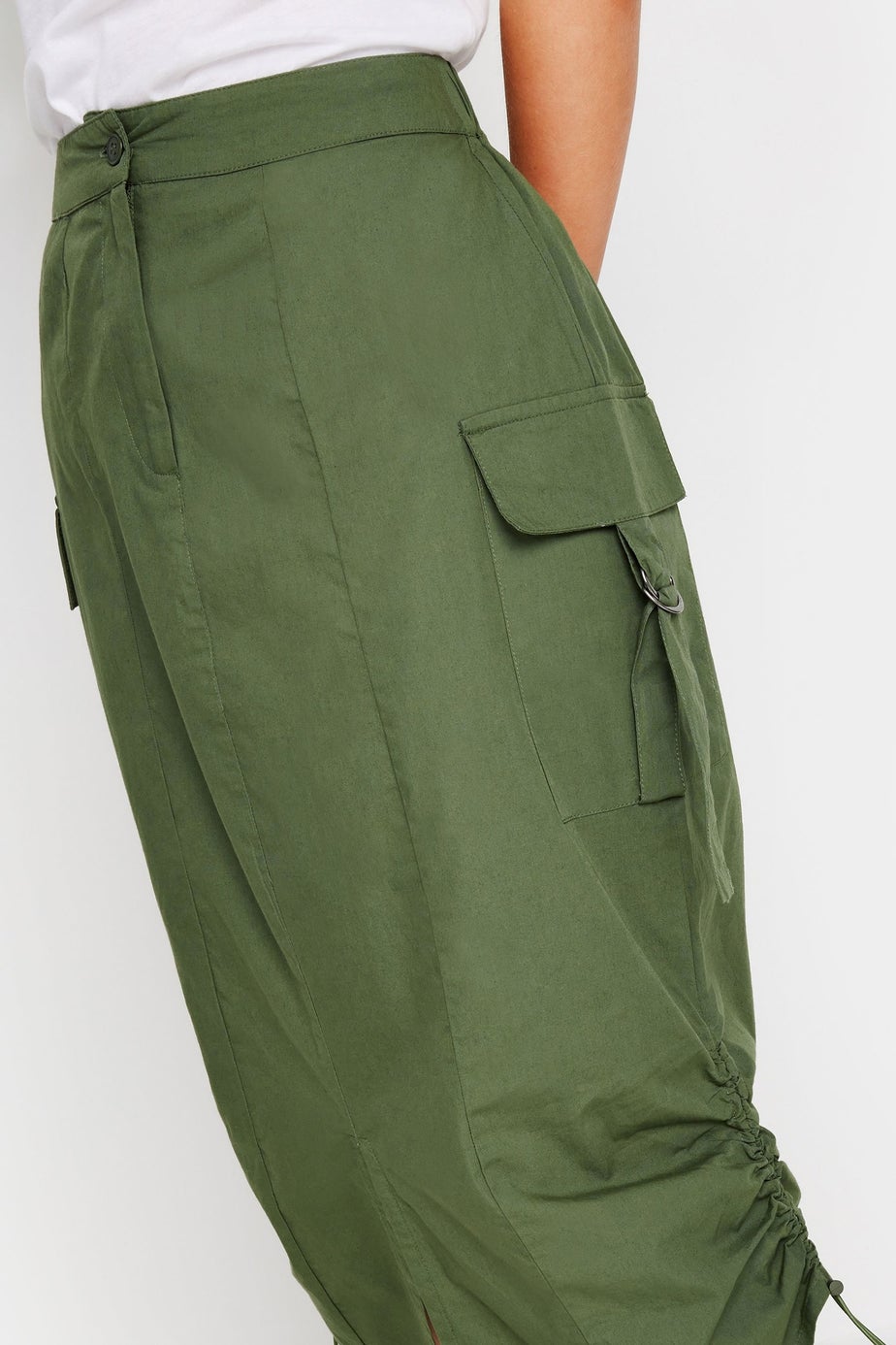 PixieGirl Petite Khaki Green Cargo Ruched Midi Skirt