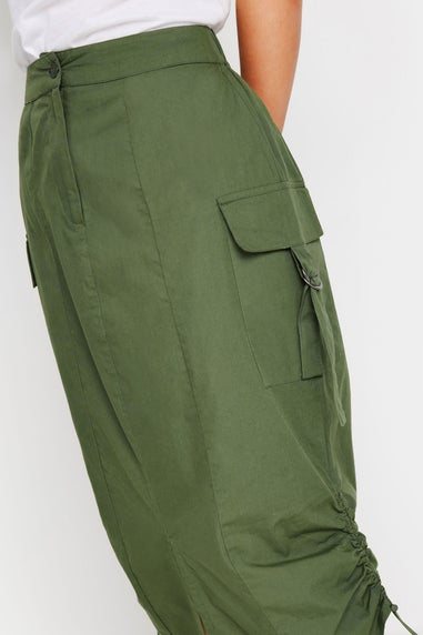 PixieGirl Petite Khaki Green Cargo Ruched Midi Skirt