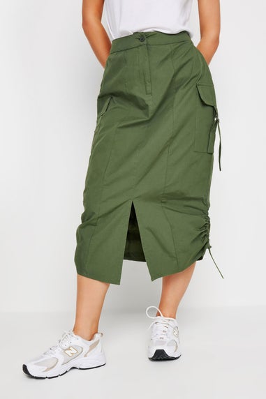 PixieGirl Petite Khaki Green Cargo Ruched Midi Skirt