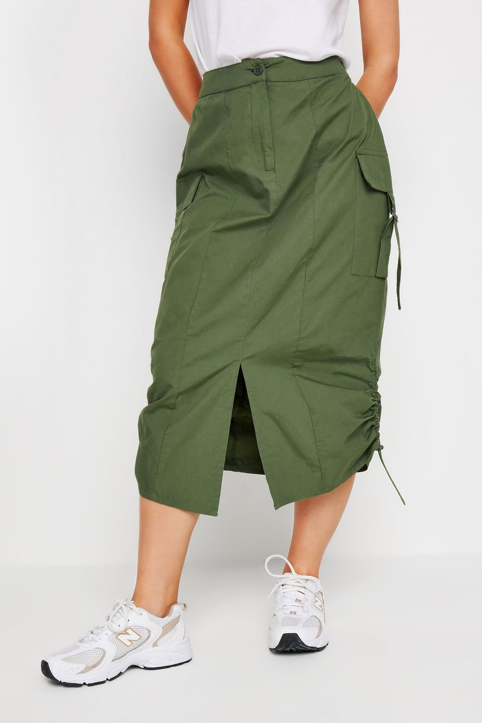 PixieGirl Petite Khaki Green Cargo Ruched Midi Skirt
