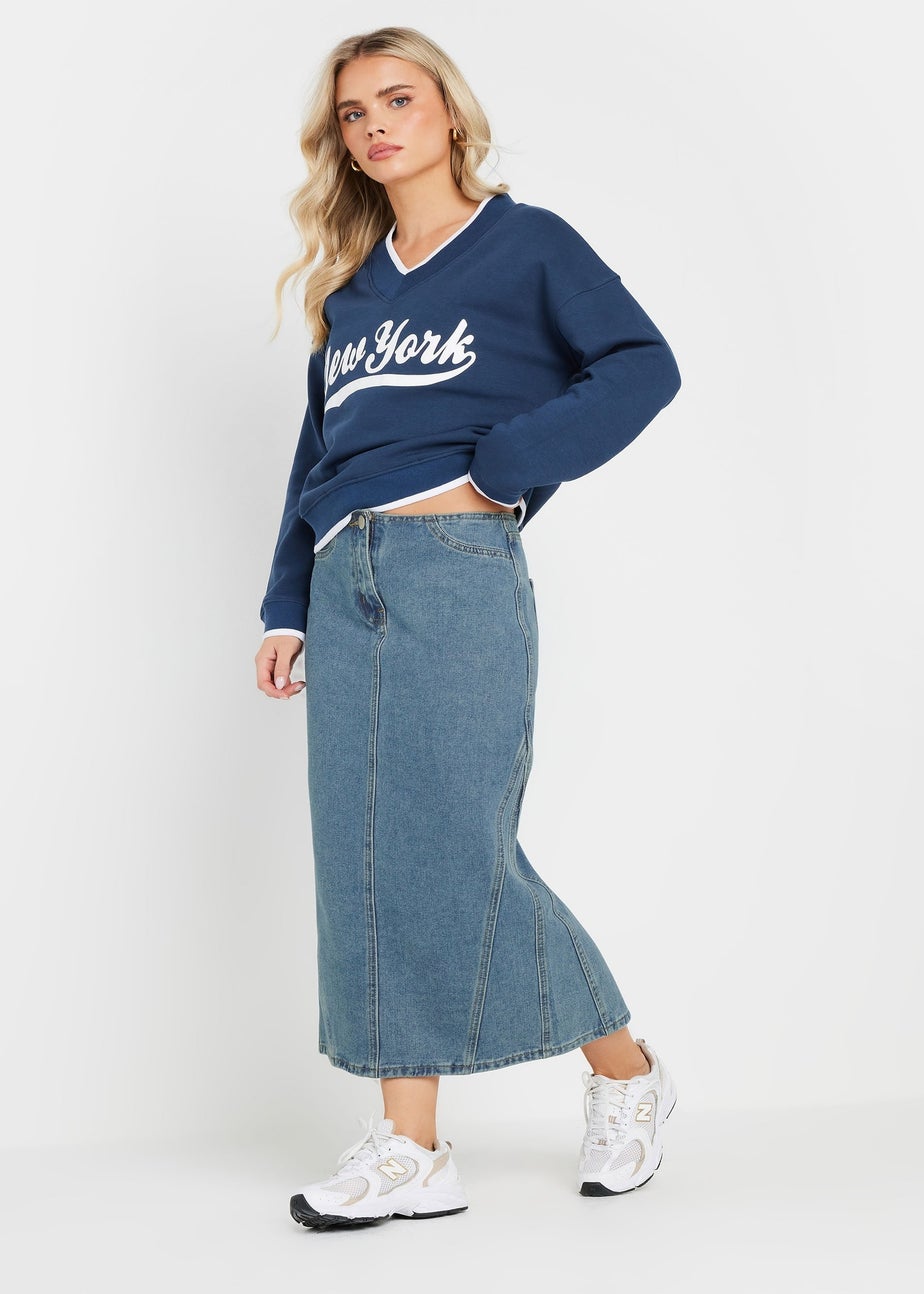PixieGirl Petite Light Blue Denim Seam Midi Skirt