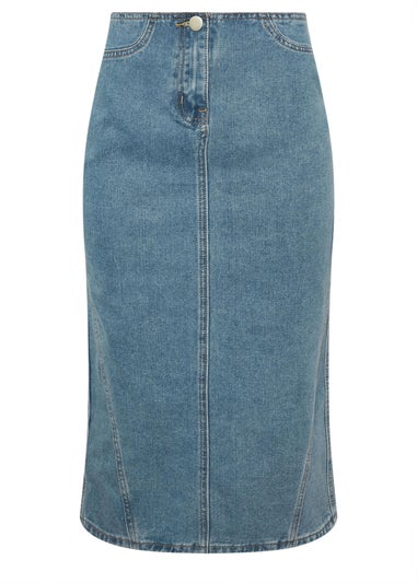 PixieGirl Petite Light Blue Denim Seam Midi Skirt