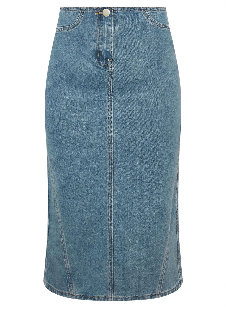 PixieGirl Petite Light Blue Denim Seam Midi Skirt