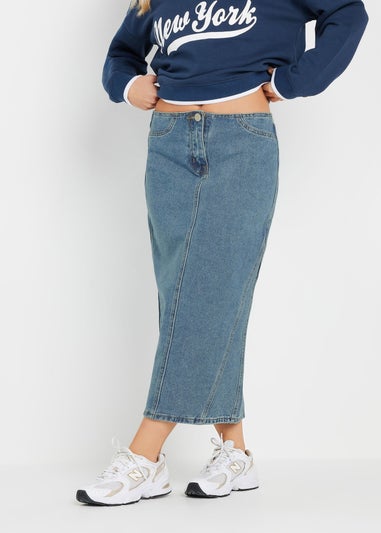 PixieGirl Petite Light Blue Denim Seam Midi Skirt