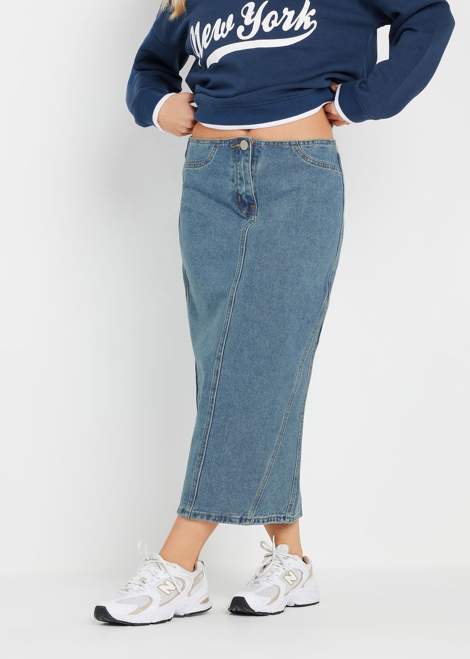 PixieGirl Petite Light Blue Denim Seam Midi Skirt