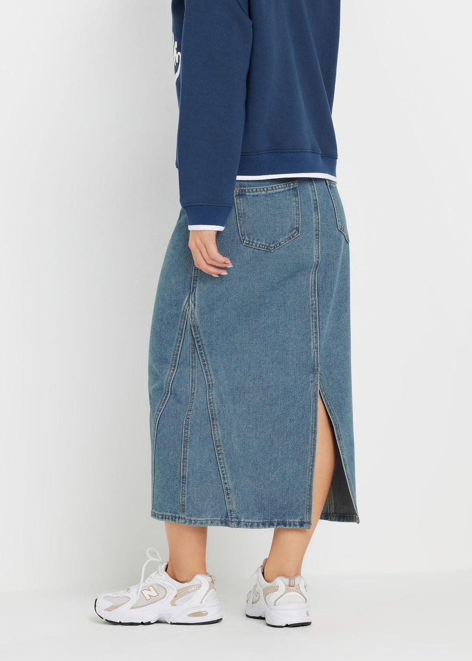 PixieGirl Petite Light Blue Denim Seam Midi Skirt