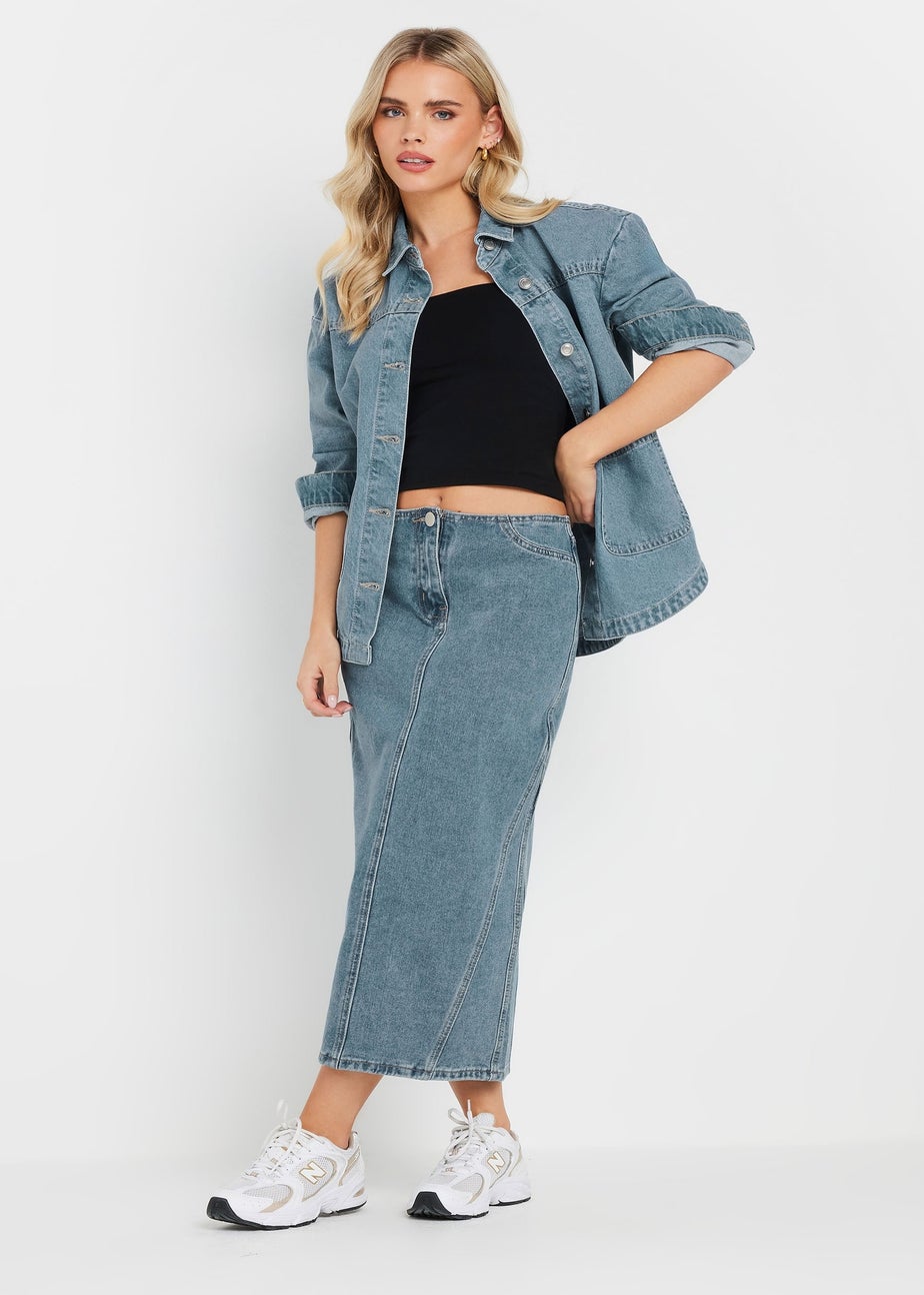 PixieGirl Petite Light Blue Denim Seam Midi Skirt