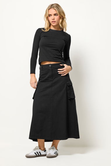 PixieGirl Petite Black Cargo Maxi Skirt