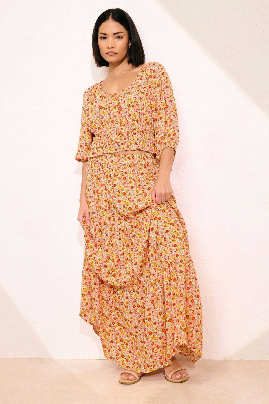 PixieGirl Petite Orange Ditsy Floral Tiered Maxi Skirt