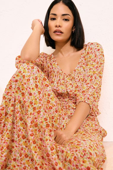 PixieGirl Petite Orange Ditsy Floral Tiered Maxi Skirt