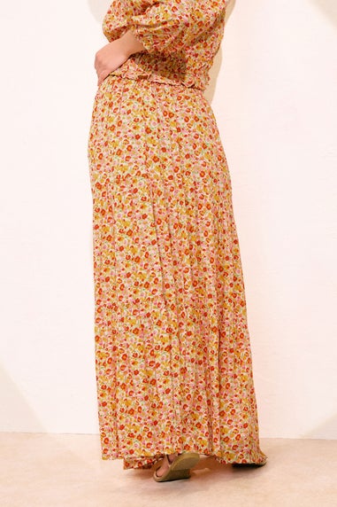 PixieGirl Petite Orange Ditsy Floral Tiered Maxi Skirt