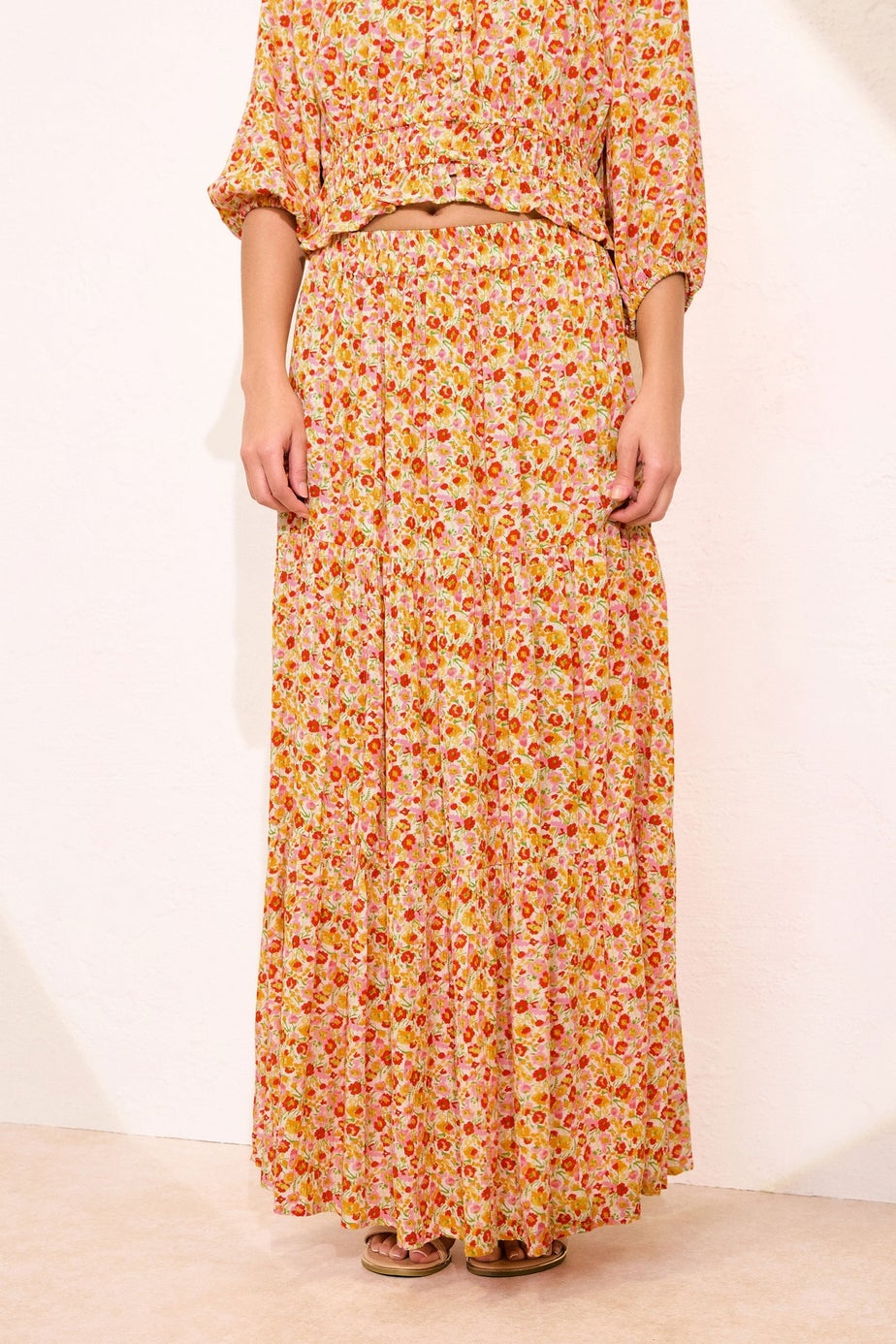 PixieGirl Petite Orange Ditsy Floral Tiered Maxi Skirt