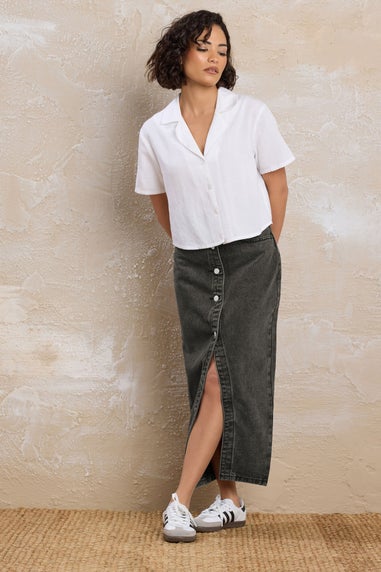 PixieGirl Petite Black Denim Button Midi Skirt