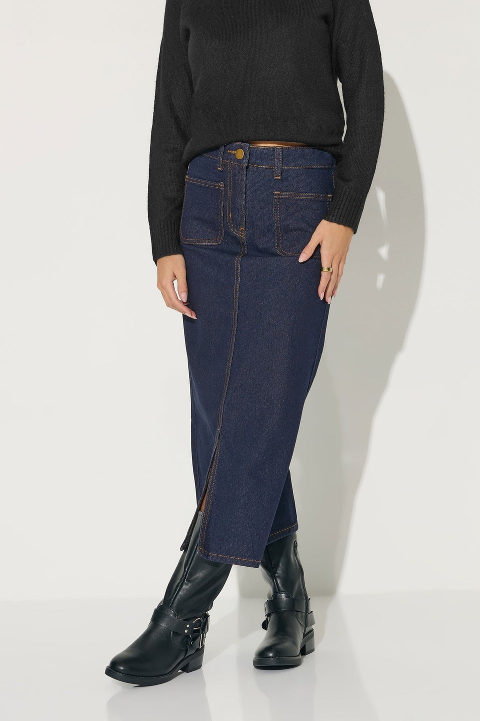 PixieGirl Petite Dark Blue Pocket Patch Denim Skirt