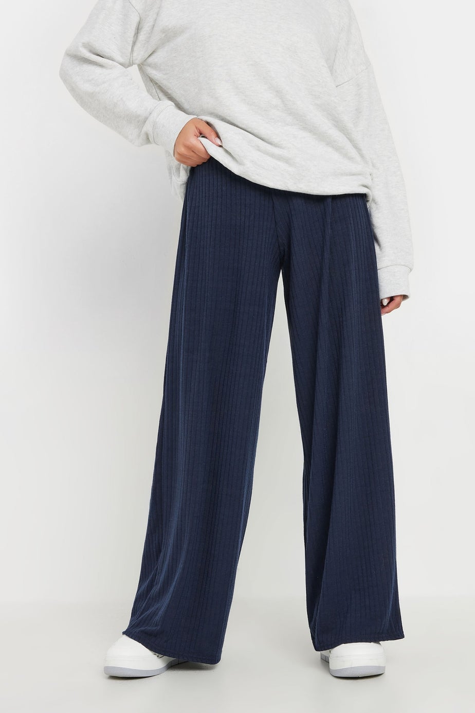 PixieGirl Petite Navy Blue Ribbed Wide Leg Trousers