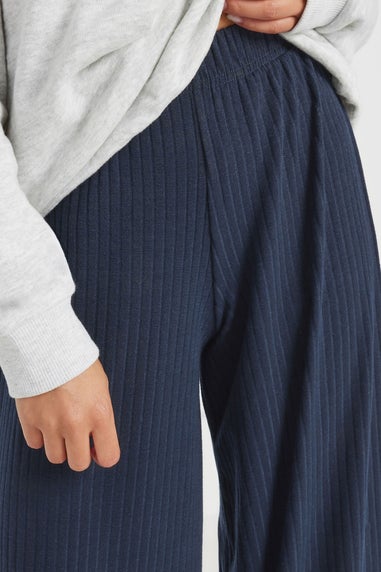PixieGirl Petite Navy Blue Ribbed Wide Leg Trousers