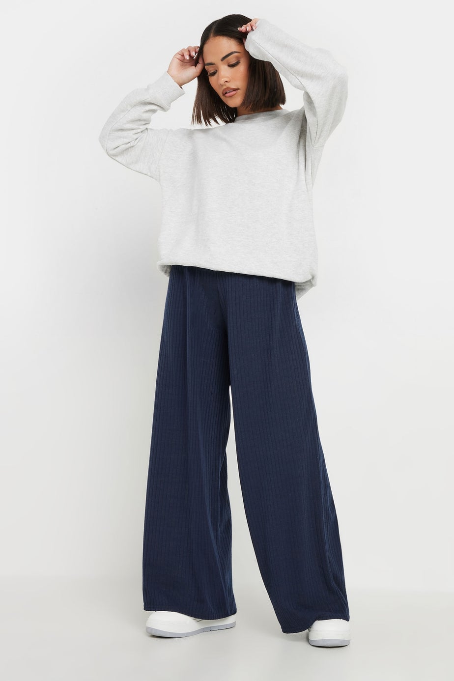 PixieGirl Petite Navy Blue Ribbed Wide Leg Trousers