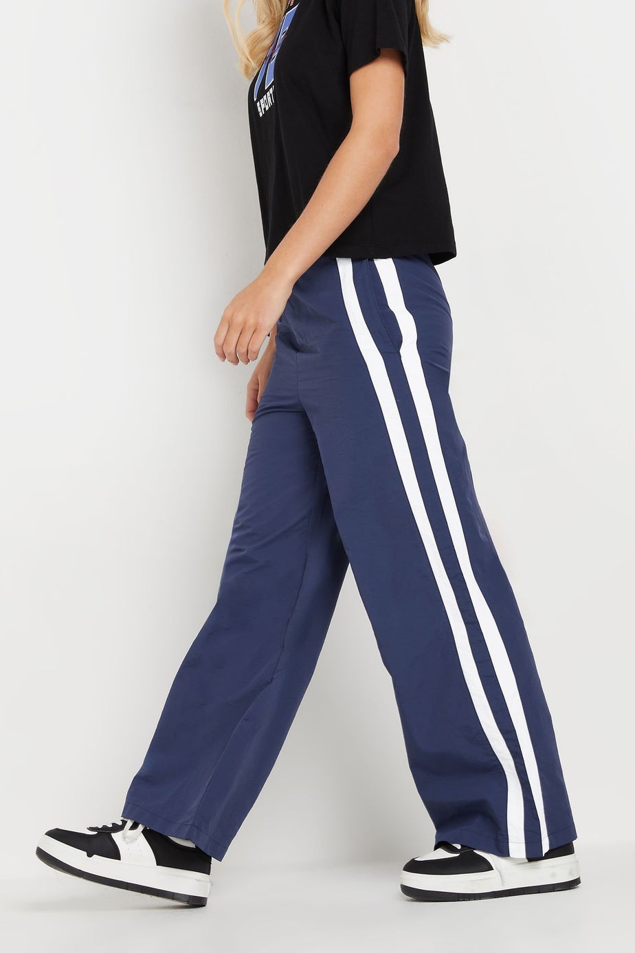 PixieGirl Petite Navy Blue Side Stripe Parachute Wide Leg Trousers