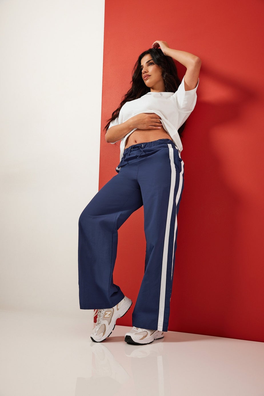 PixieGirl Petite Navy Blue Side Stripe Parachute Wide Leg Trousers