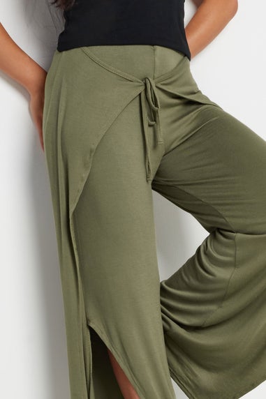 PixieGirl Petite Khaki Green Wide Leg Wrap Trousers