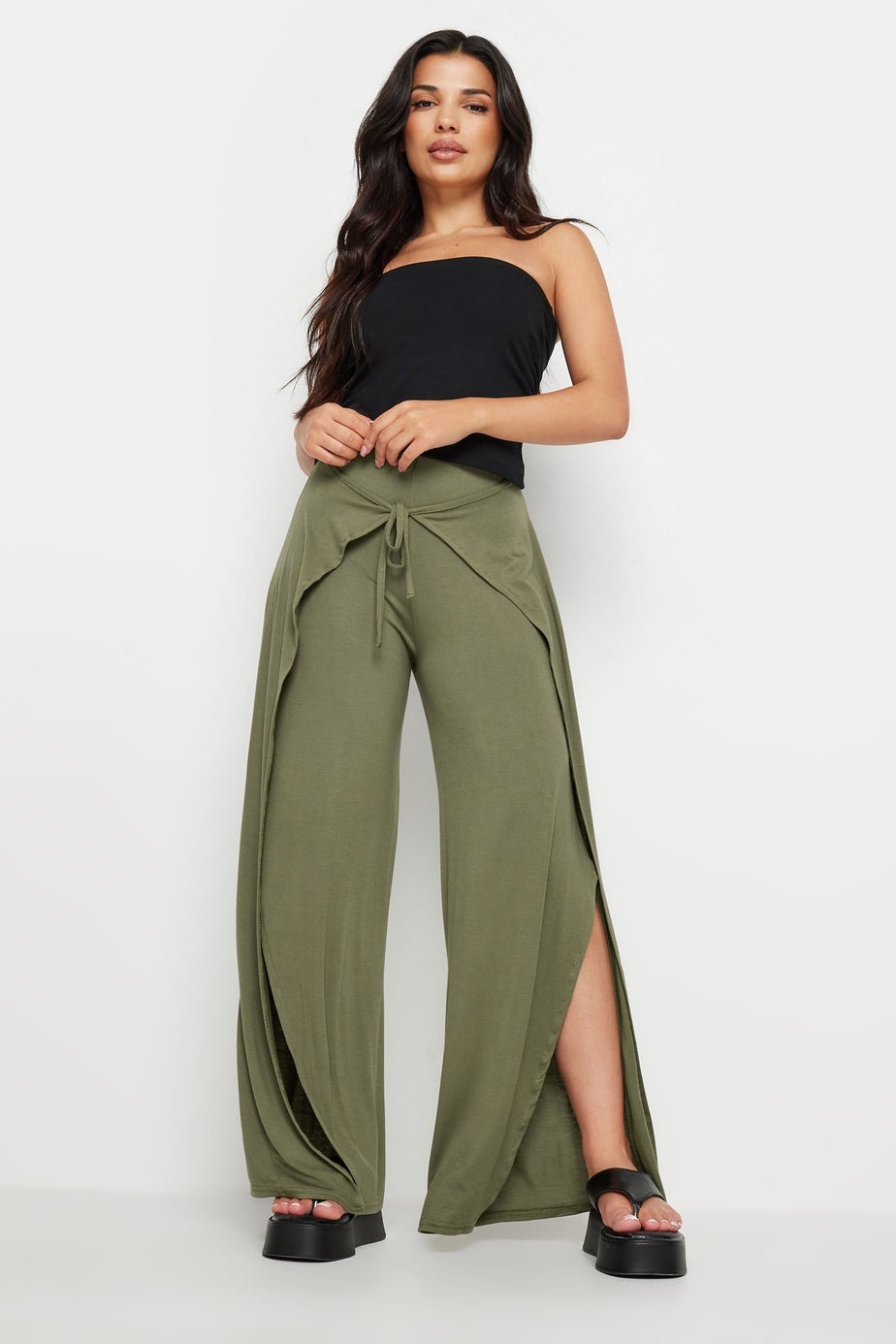 PixieGirl Petite Khaki Green Wide Leg Wrap Trousers