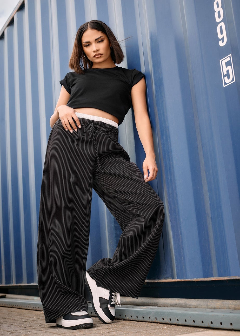 PixieGirl Petite Black Pinstripe Contrast Waist Trousers
