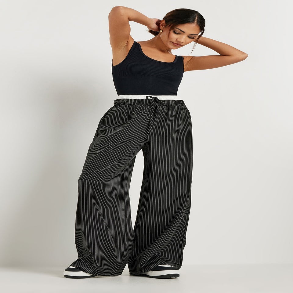 PixieGirl Petite Black Pinstripe Contrast Waist Trousers