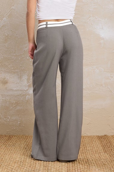 PixieGirl Petite Grey Cross Over Contrast Waistband Trousers