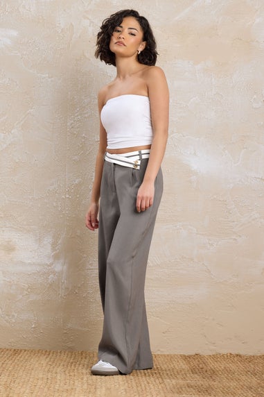 PixieGirl Petite Grey Cross Over Contrast Waistband Trousers