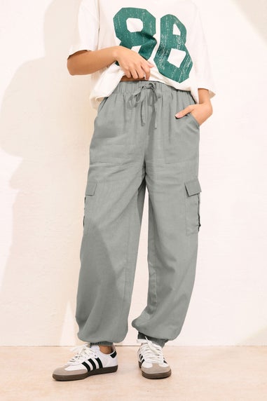 PixieGirl Petite Grey Linen Cargo Cuffed Joggers
