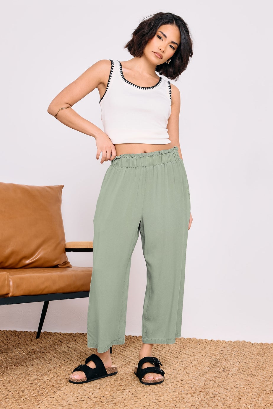 PixieGirl Petite Sage Green Acid Wash Cropped Trousers