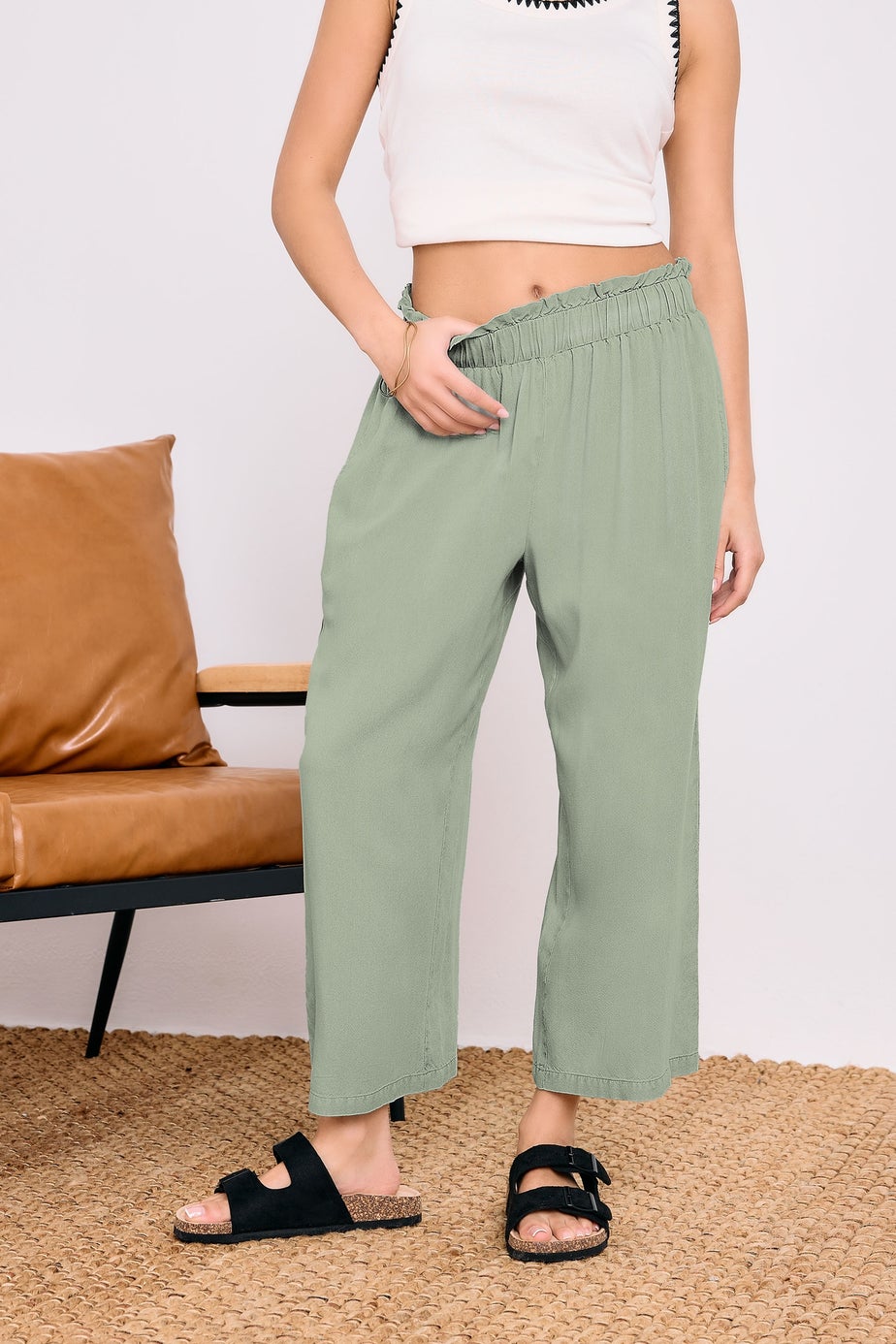 PixieGirl Petite Sage Green Acid Wash Cropped Trousers