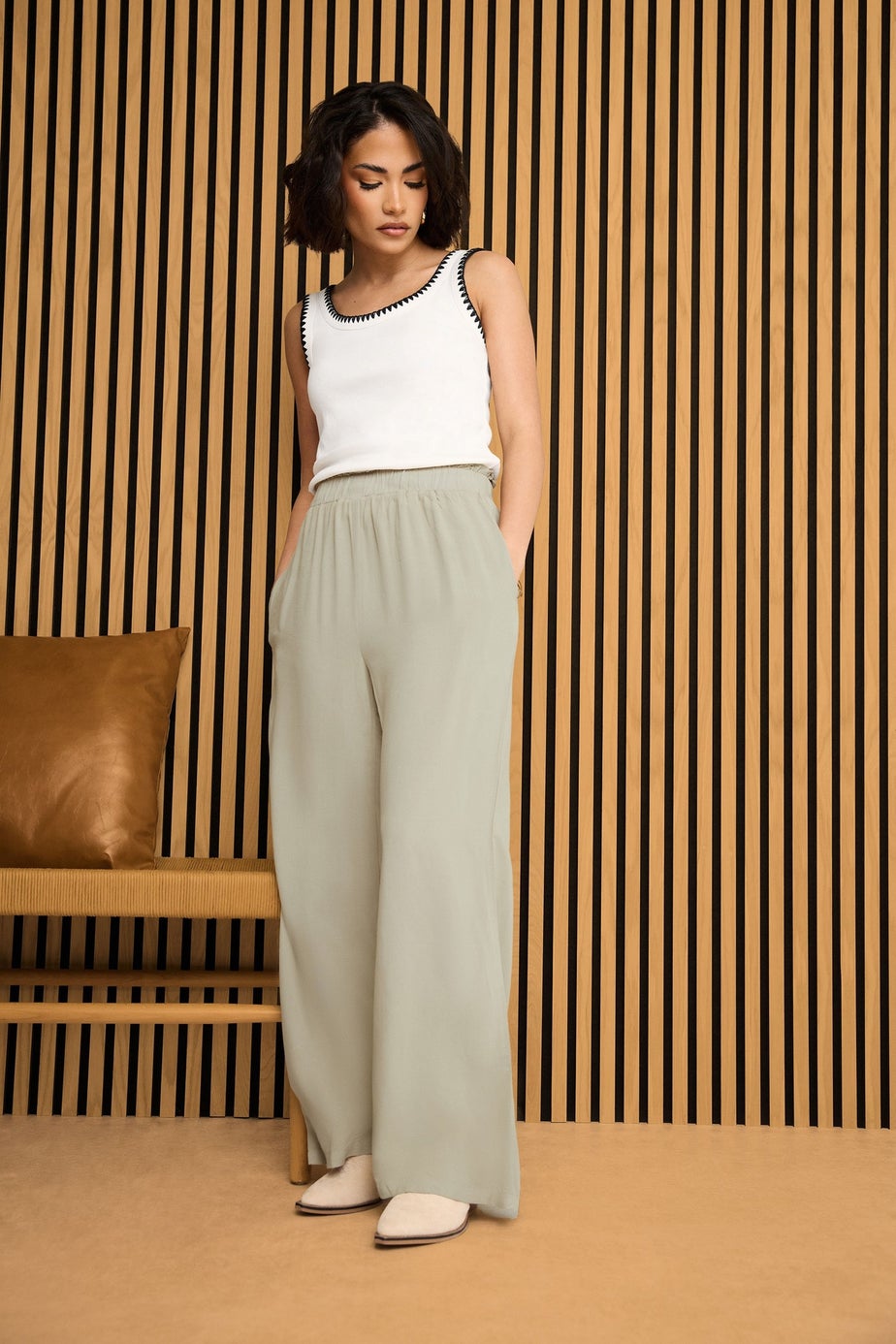 PixieGirl Petite Natural Brown Acid Wash Wide Leg Trousers