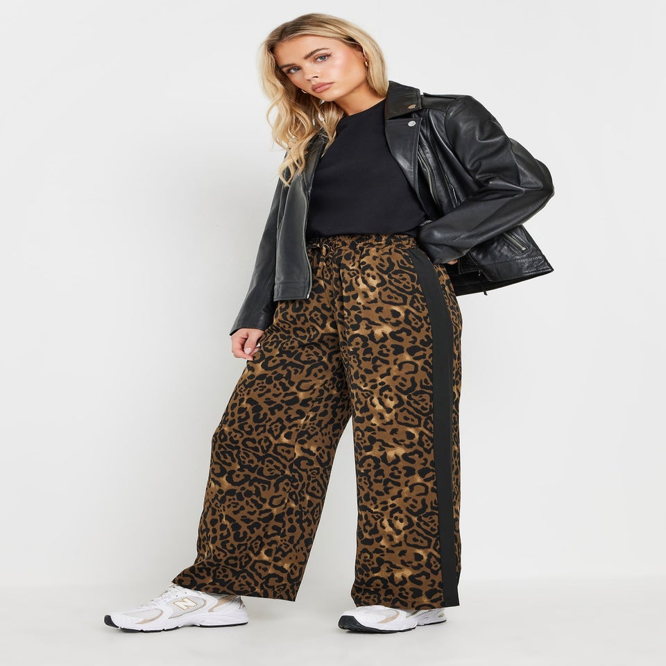 PixieGirl Petite Brown Leopard Print Striped Wide Leg Trousers