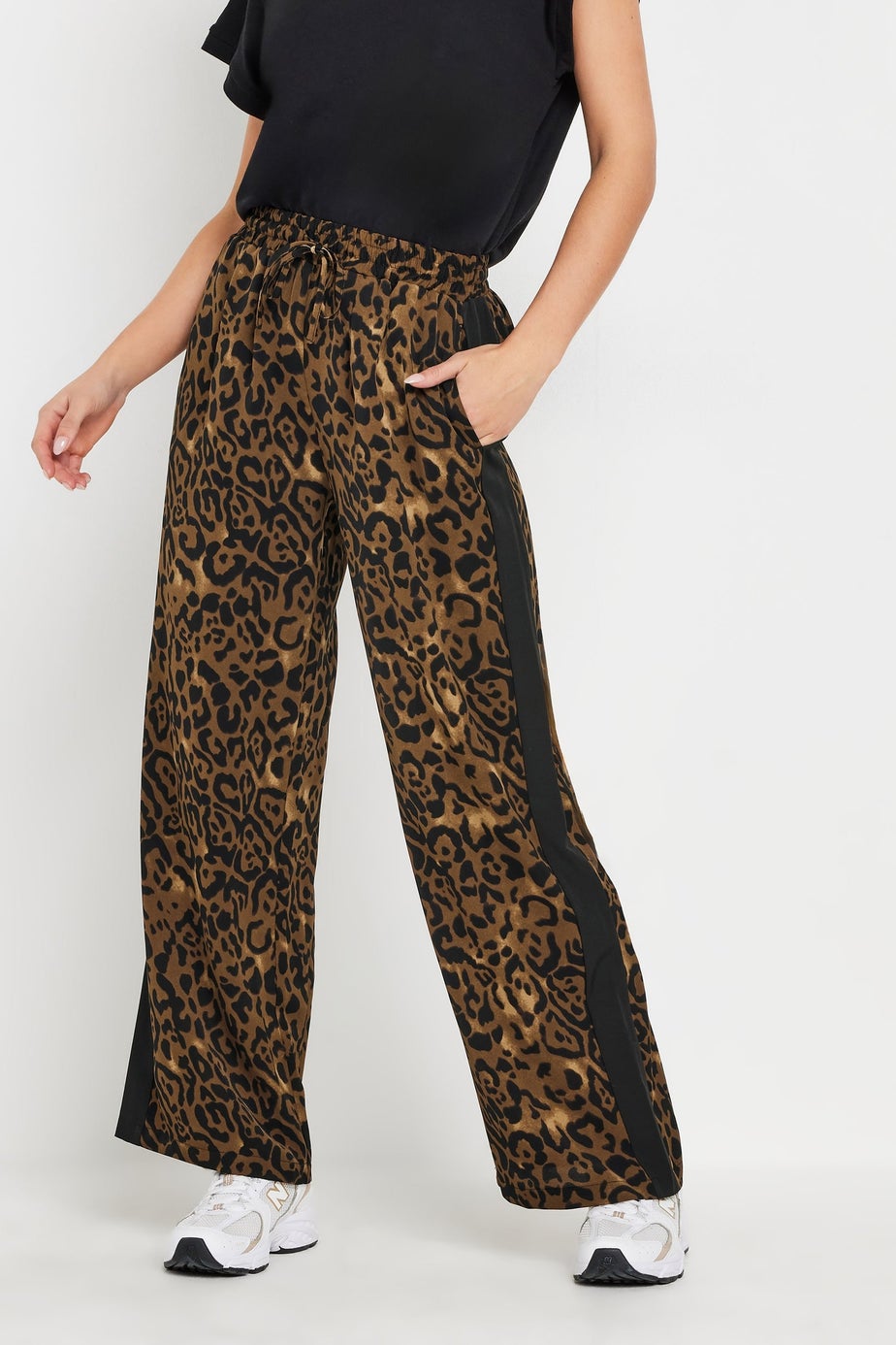 PixieGirl Petite Brown Leopard Print Striped Wide Leg Trousers