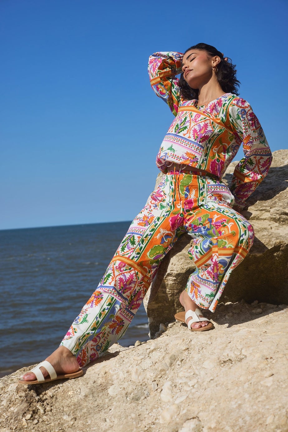 PixieGirl Petite Orange Abstract Tile Print Wide Leg Trousers