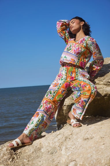 PixieGirl Petite Orange Abstract Tile Print Wide Leg Trousers