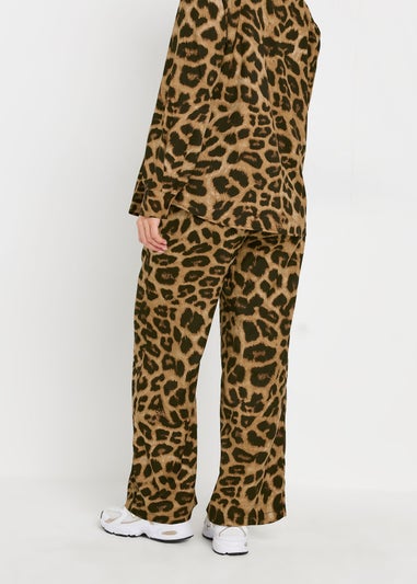 PixieGirl Petite Brown Leopard Print Drawstring Wide Leg Trousers