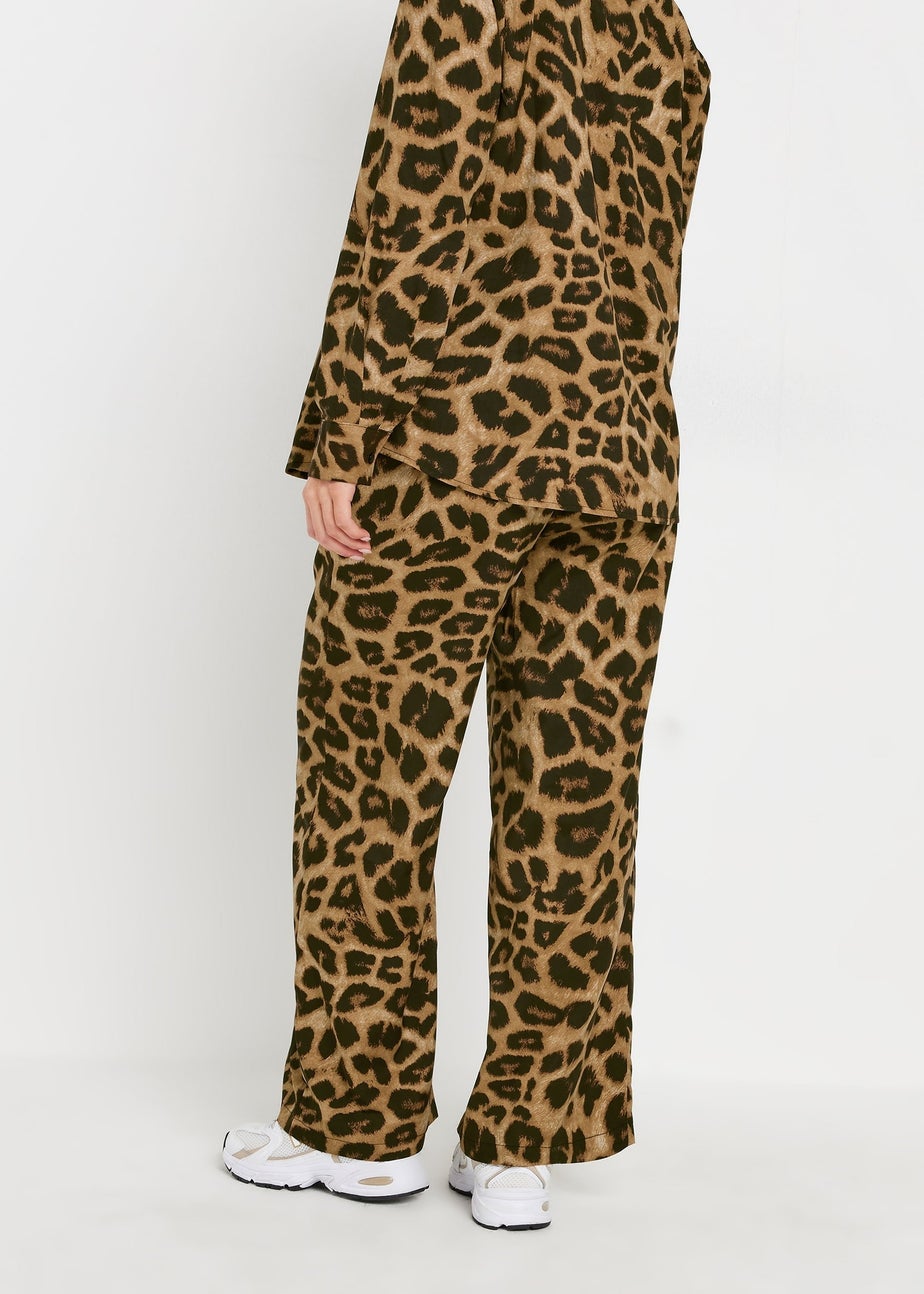 PixieGirl Petite Brown Leopard Print Drawstring Wide Leg Trousers