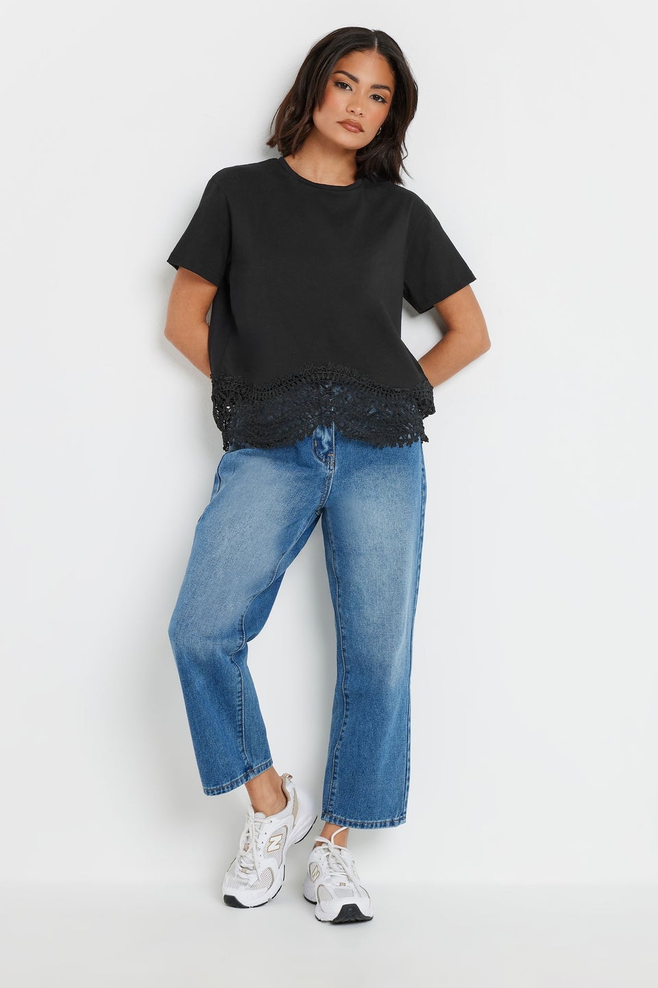 PixieGirl Petite Black Crochet Hemline T-Shirt