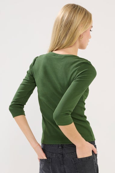 PixieGirl Petite 2 Pack Black & Khaki Green Button Henley Tops