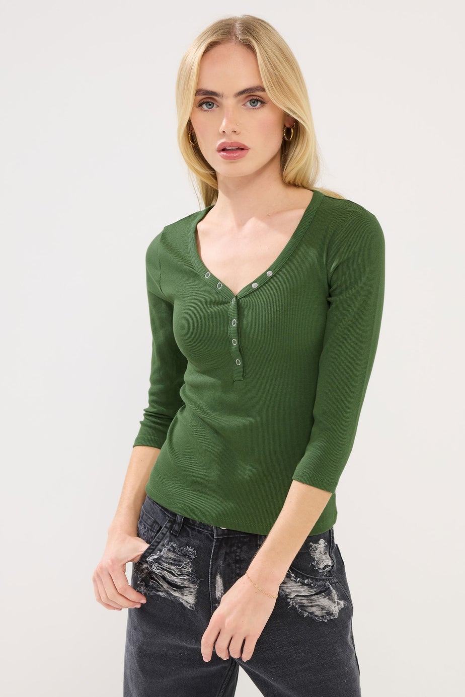 PixieGirl Petite 2 Pack Black & Khaki Green Button Henley Tops